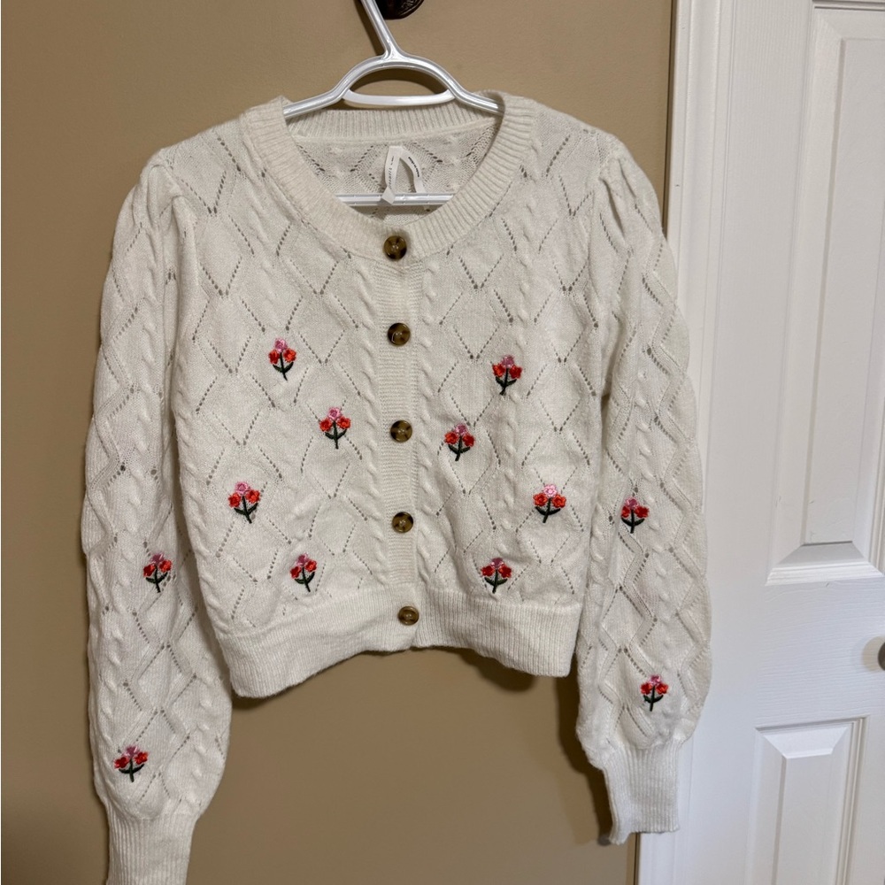 Dreamers White Cardigan with Pink Floral Embroidery